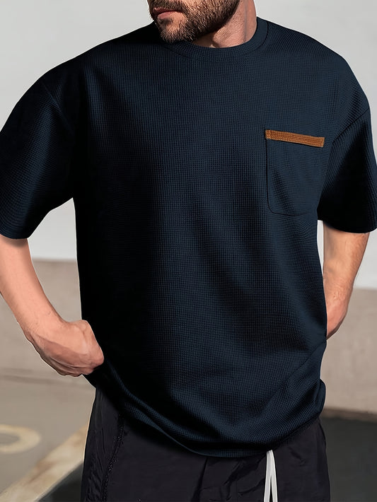 Men's Solid Color Casual Tee made of soft polyester, crew neck, short sleeve with chest pocket, machine washable, perfect for spring/summer/fall.