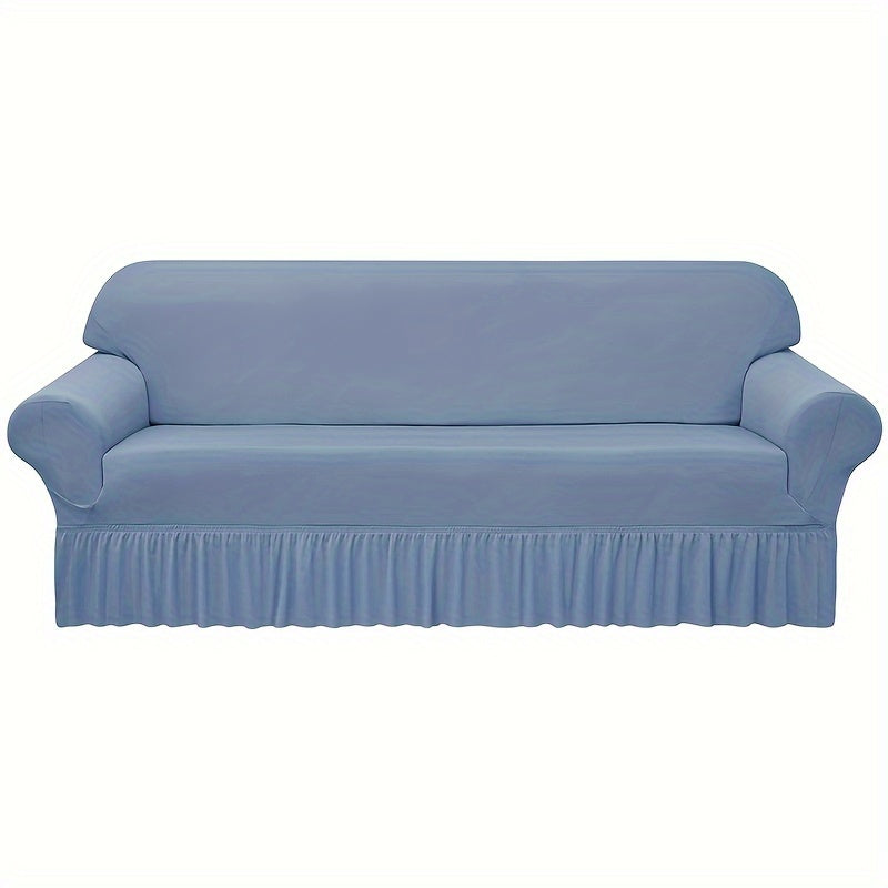 Elastic waterproof sofa slipcover with skirt for all seasons, ideal furniture protection for home and office.