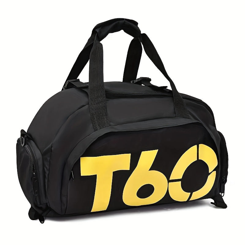 TT060 Large Waterproof Gym Bag with Zip Closure, Stylish Black & Yellow Letter Design, Ideal for Men & Women.