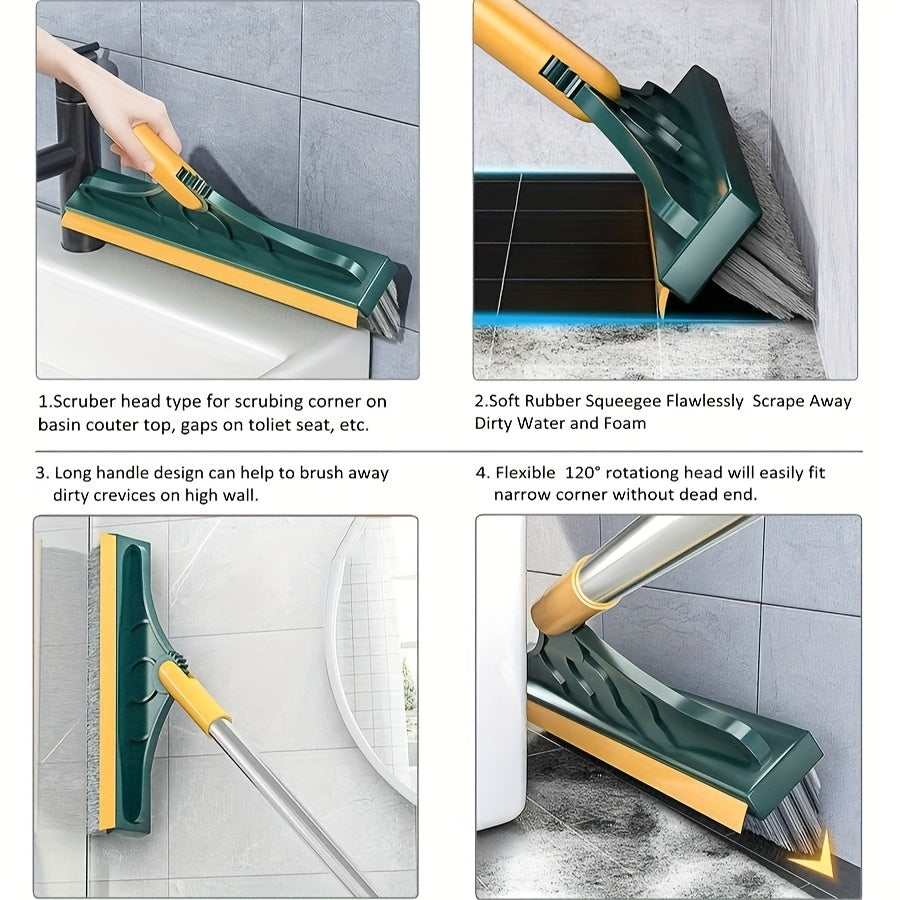 No electricity required! This 2-in-1 Multi-Surface Cleaning Brush features a long handle, 120° rotating scrubber, and squeegee. It is made of reusable plastic and metal, with a medium firmness for effective cleaning. Perfect for use in the bathroom