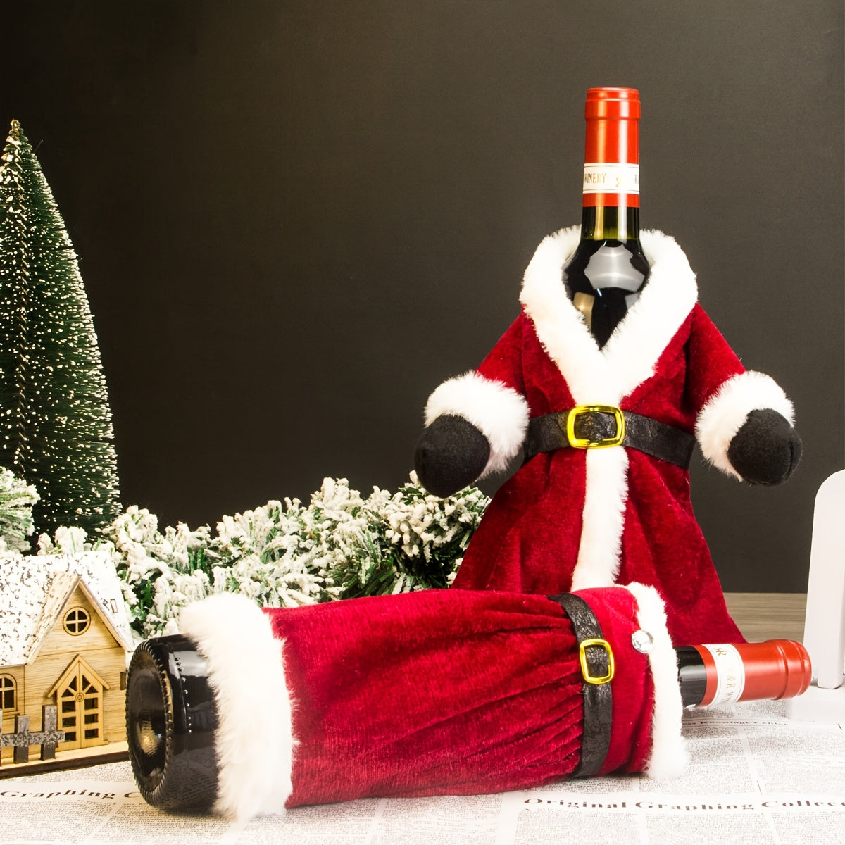 Christmas decoration set including a gold velvet wine bottle cover, a straight tube skirt, and a plush wine bag for holiday dressing up.