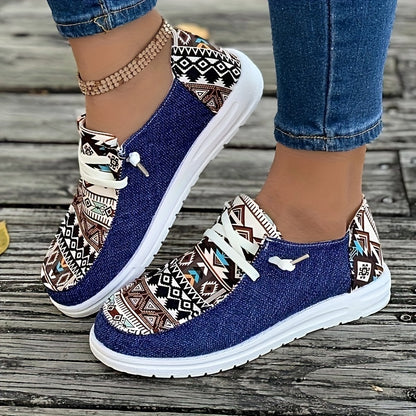 Women's Geometric Pattern Canvas Shoes, Casual Low Top Flat Shoes, Lightweight Sneakers