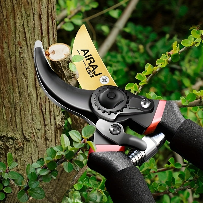 AIRAJ Heavy Duty Pruning Shears: Ultra sharp, professional garden scissors for trimming trees and roses. Multipurpose tools made of chrome vanadium steel in black.