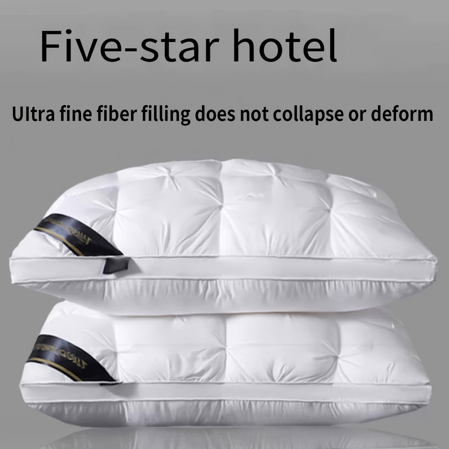 Two high-quality microfiber pillows for luxurious hotels, designed with a compressible flower-crafted neck support and a soft polyester cover. These pillows are dry clean only, made with woven fabric and weigh 95 grams each. They offer a moderate