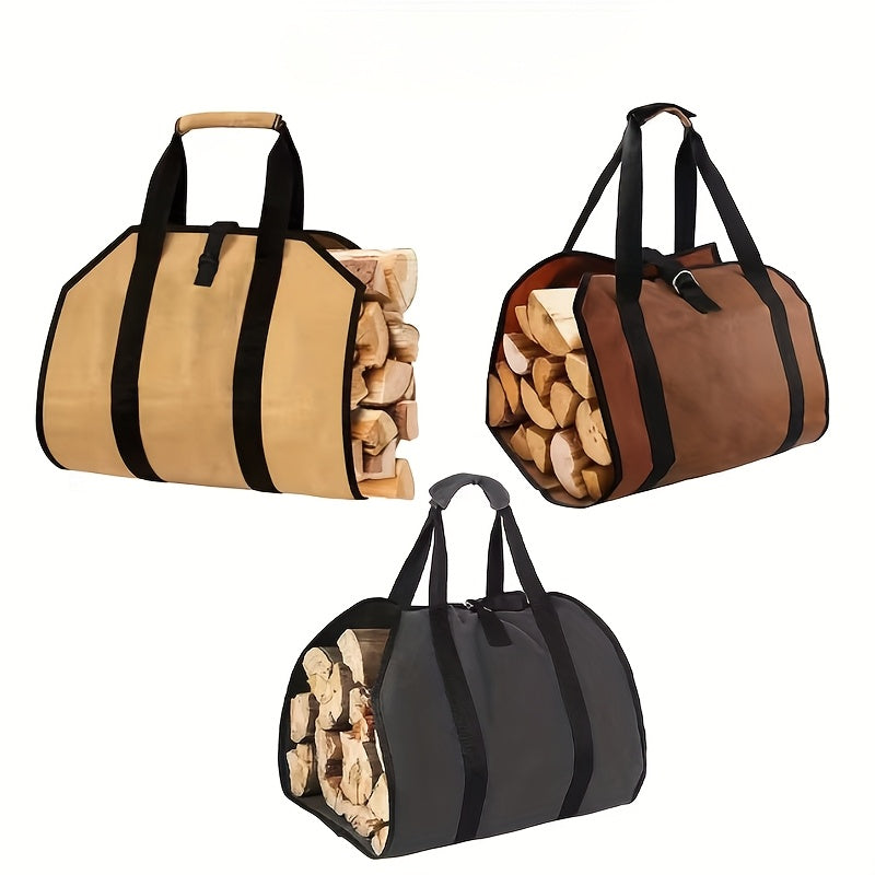 Set of three PVC Firewood Storage Bags, featuring durable construction with handles, securing straps, and reinforced base - perfect for storing firewood, carrying logs, indoor camping trips, and as holiday gifts