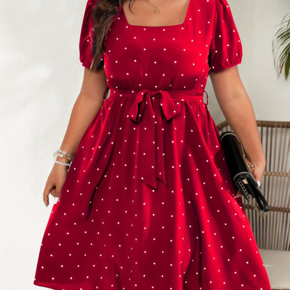 Polka Dot Print Dress - Square Neck, Short Sleeve, Belted - Plus Size Women's Clothing