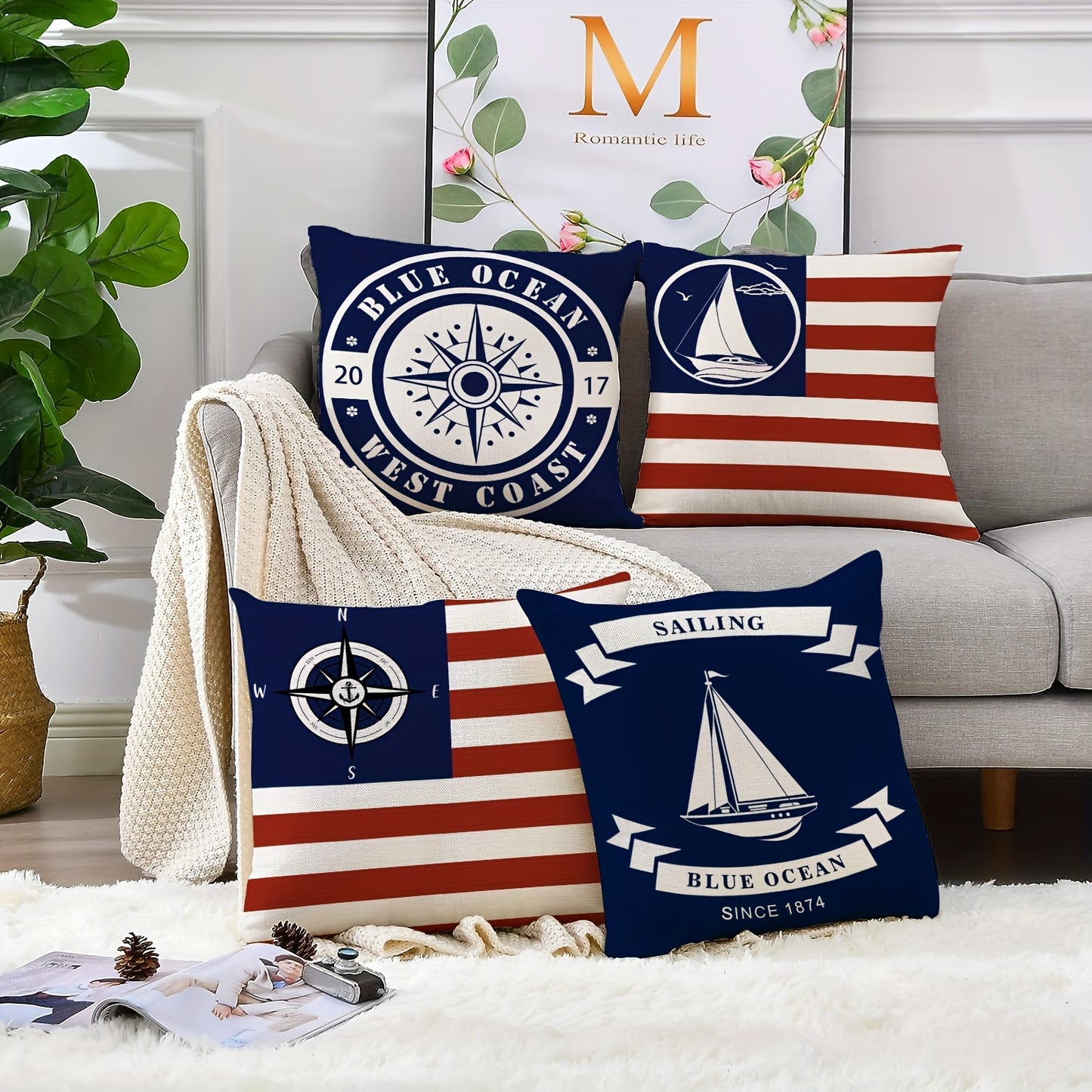 Set of 4 nautical polyester linen pillowcases in blue, featuring sailboats, compasses, and anchors. 18x18 inches, ideal for bedroom decor. Pillow core not included.