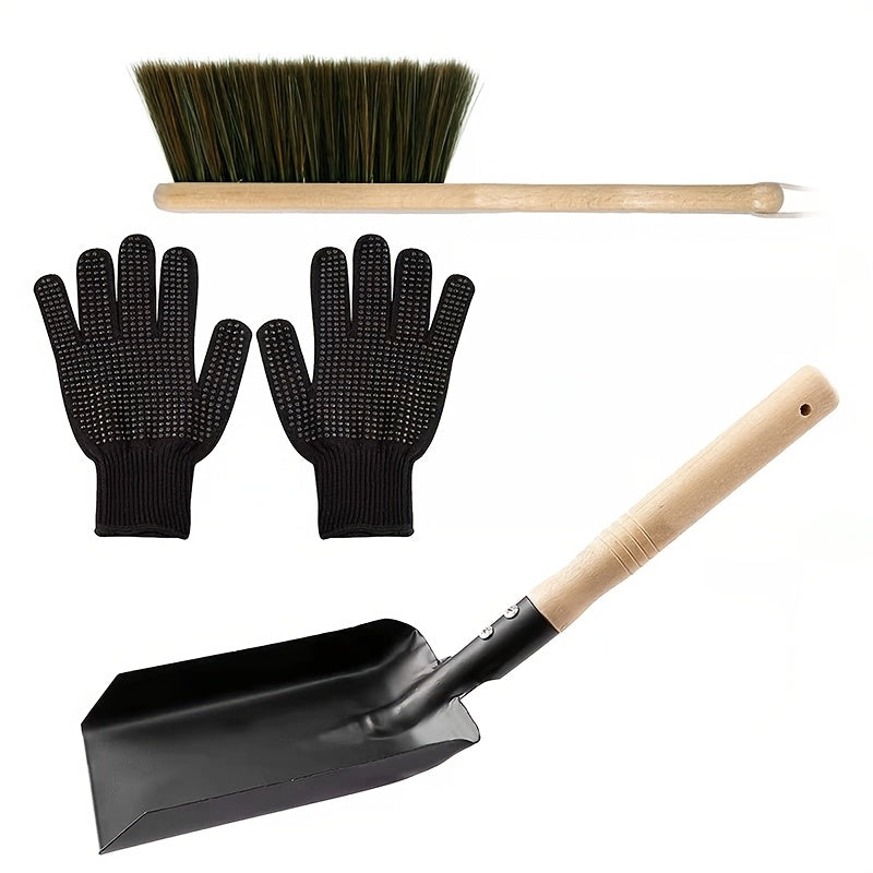 Maintain your wood stove or fireplace with our Fireplace Cleaning Kit, featuring a metal shovel, natural wood handle, black silicone gloves, and ash scoop set.