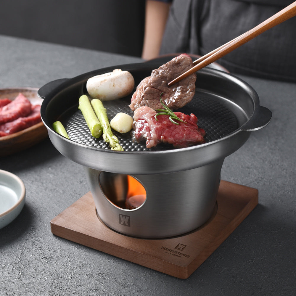 One Piece WAGENSTEIGER Stainless Steel Shabu Shabu Hot Pot - Mini Portable Fondue Set for 1-2 People. Features a Thickened Skillet for Steak Cooking, Multifunctional Home Grill with Stand & Heat-Resistant Base. Fuel-Heated Outdoor Cookware that is Food