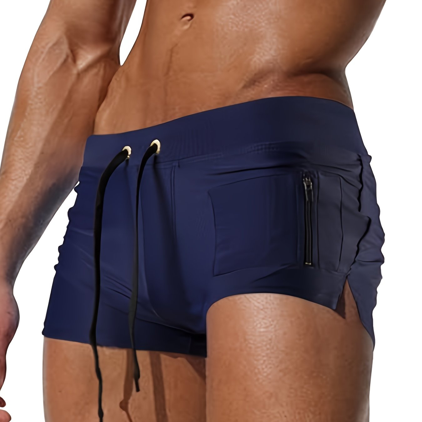 Oudasi Men's Quick-Dry Swim Trunks with Zipper Pocket - Stretchy Nylon & Elastane, Solid Color, Drawstring Waistband perfect for Beach & Pool.