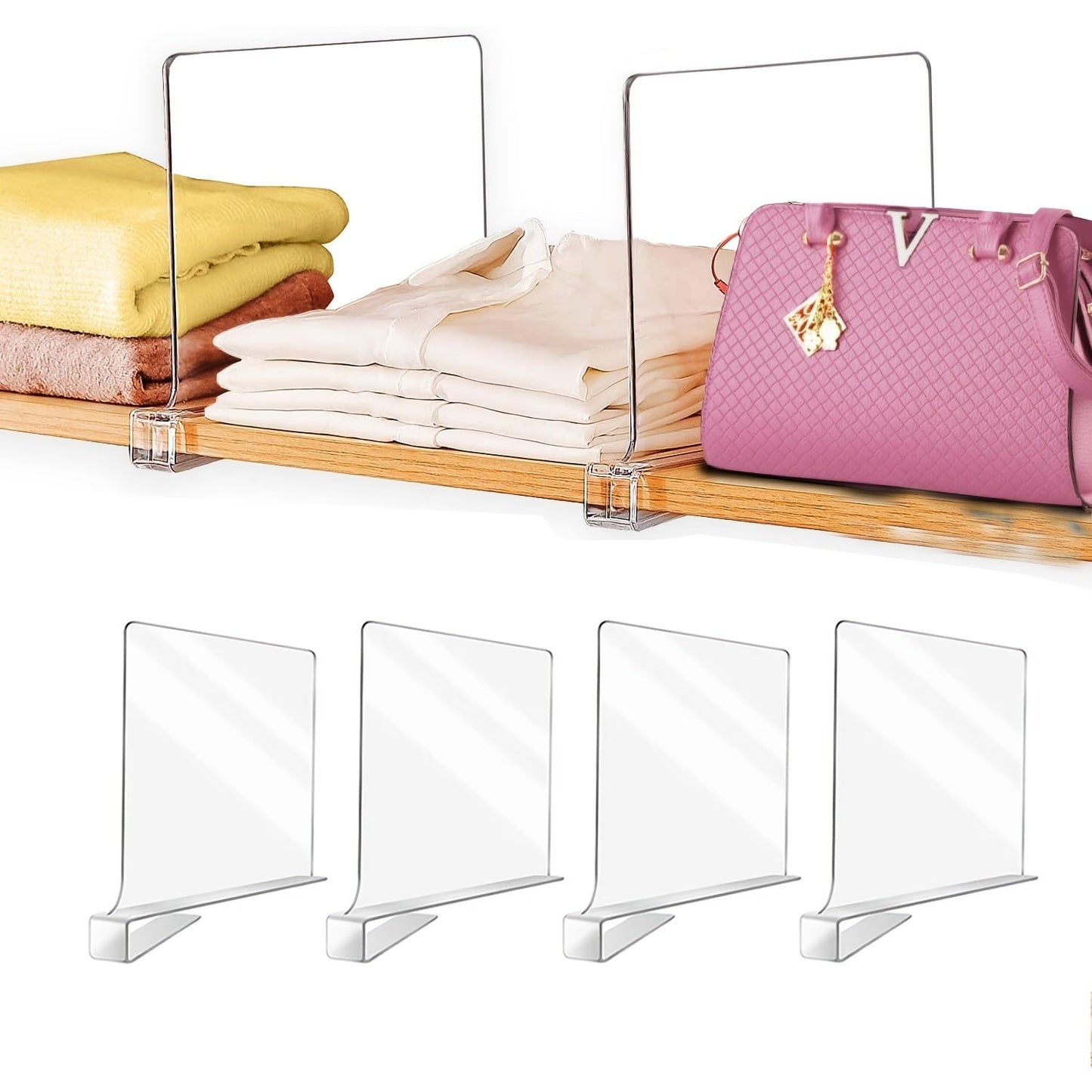 Clear Plastic Bag Storage Dividers in sets of 2, 4, 6, 8, and 12. These detachable cupboard shelves come with nonslip feet, perfect for organizing books and other items in your closet, bathroom, or office. Ideal for L-shaped storage shelves, this