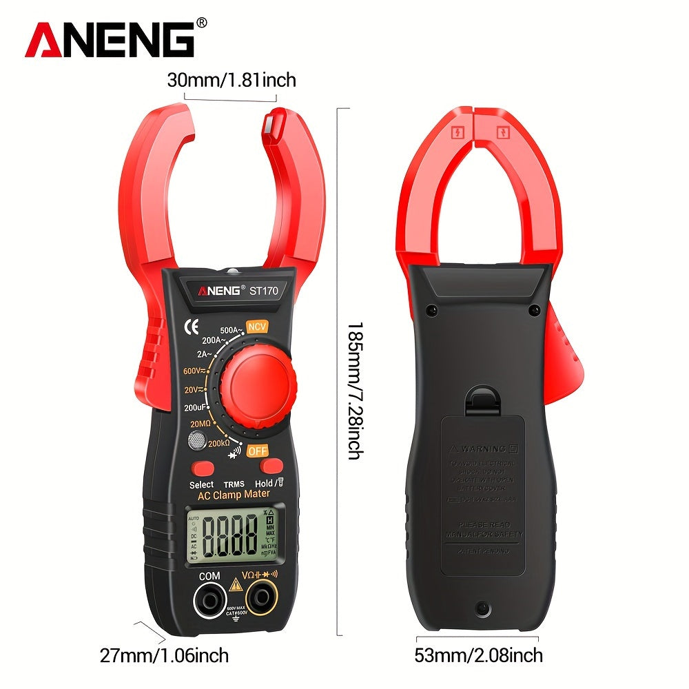 ANENG ST170 is a digital clamp meter with 500A AC current, 1999 counts, AC/DC voltage testing, Hz measurement, capacitance testing, non-contact voltage detection, resistance testing, and