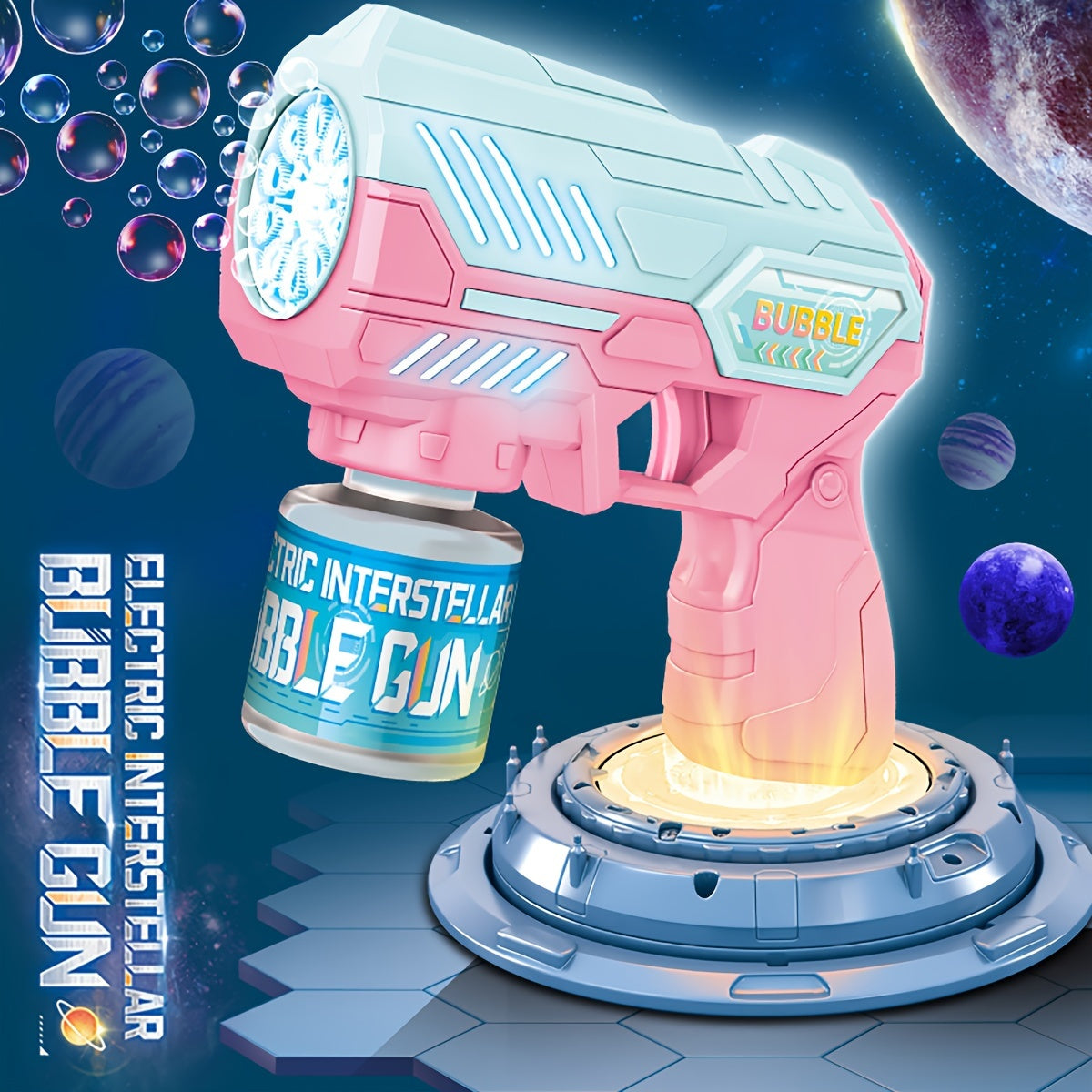 Interstellar Bubble Gun: Easy one-button operation, rapid bubble production, automatic blowing, ages 3-12, portable for outdoor play, no bubble water included.