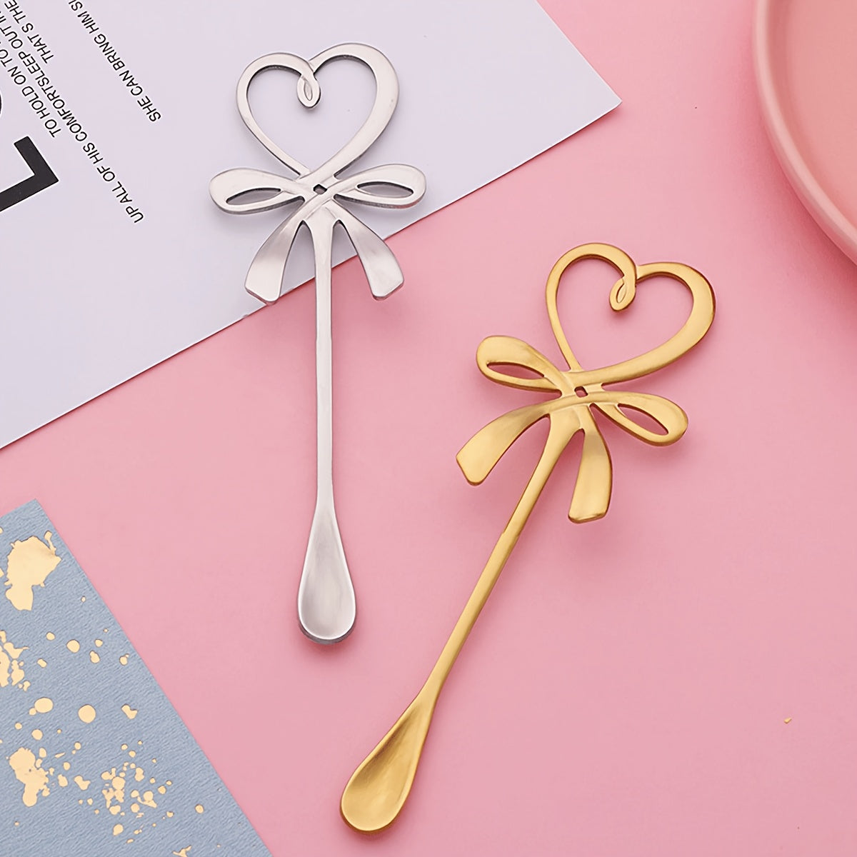 Feminine Heart Bow Stainless Steel Coffee Spoon - Elegant Afternoon Tea Stirrer - Love-Infused Hanging Ear Spoon with a touch of Luxury and Creativity