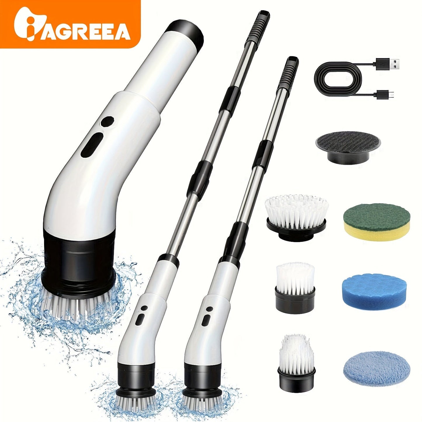 Introducing the IAGREEA Electric Rotating Washer, an innovative cleaning tool with 3 adjustable speeds. This cordless electric rotating brush comes with 9/6 interchangeable brush heads and an adjustable extended handle. Perfect for cleaning tiles