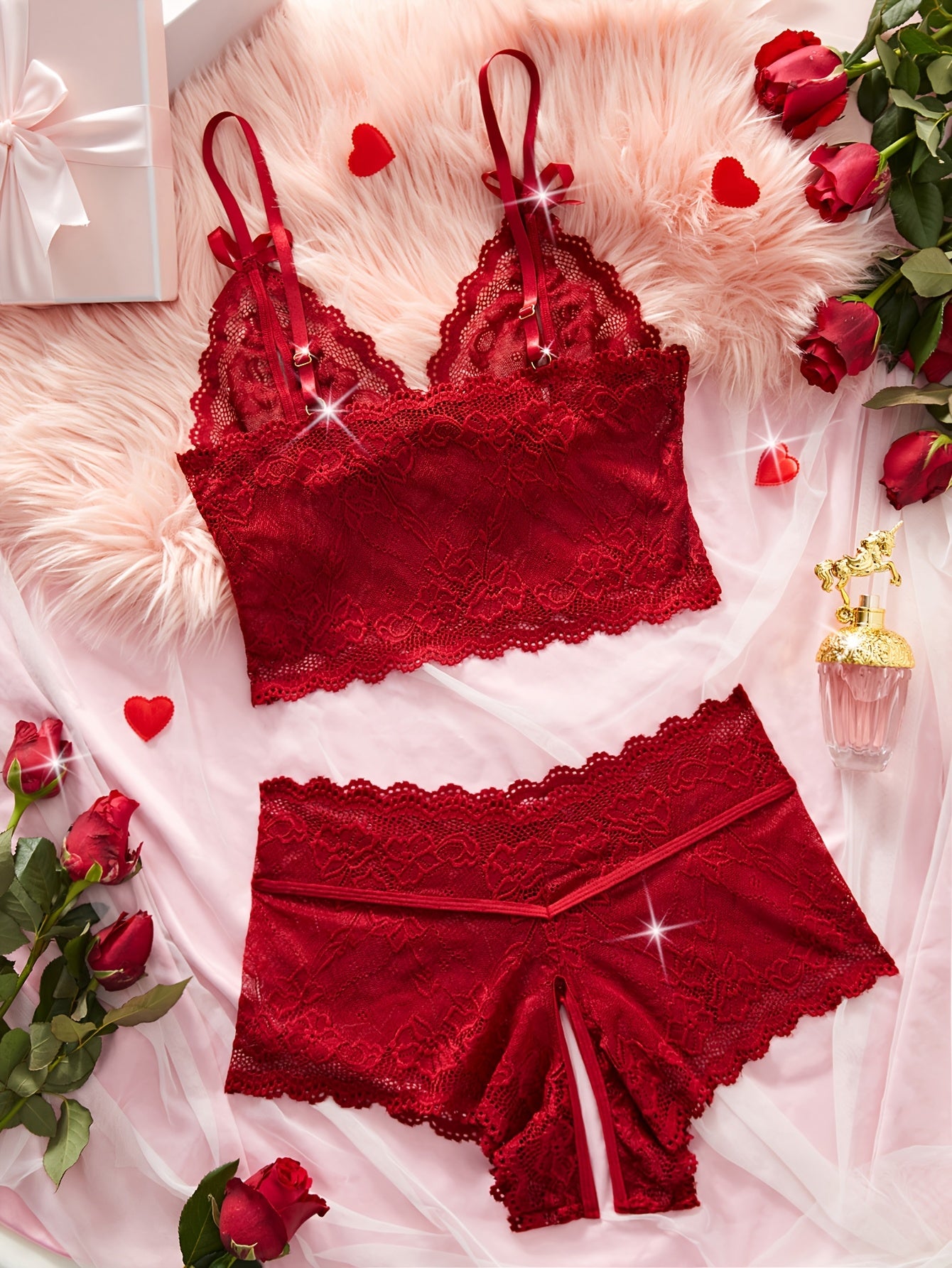 Valentine's Day Lace Lingerie Set for Women - Sexy Bow Bra & Open Crotch Panties, Semi-Sheer Nylon/Elastane Underwear