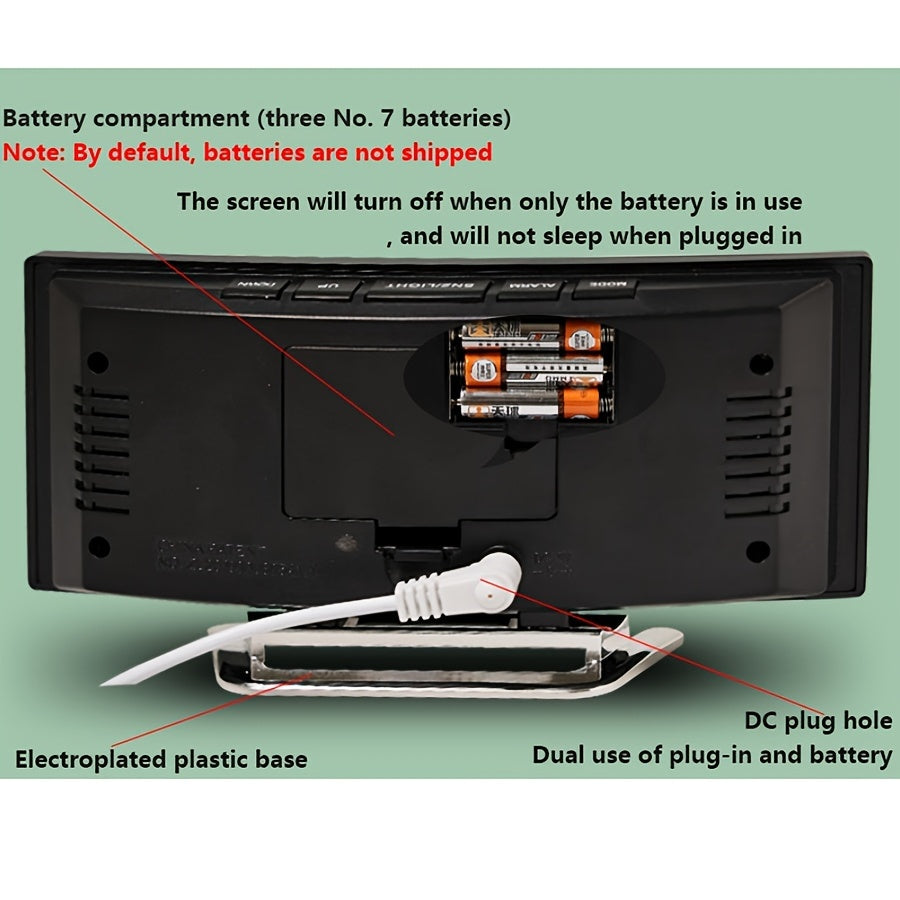 Современные черные светодиодные изогнутые будильники отображают время, температуру и влажность с возможностью питания от USB/батареи. Батарея отключает экран. Мониторинг внутреннего климата с элегантным прямоугольным дизайном и изогнутым дисплеем.