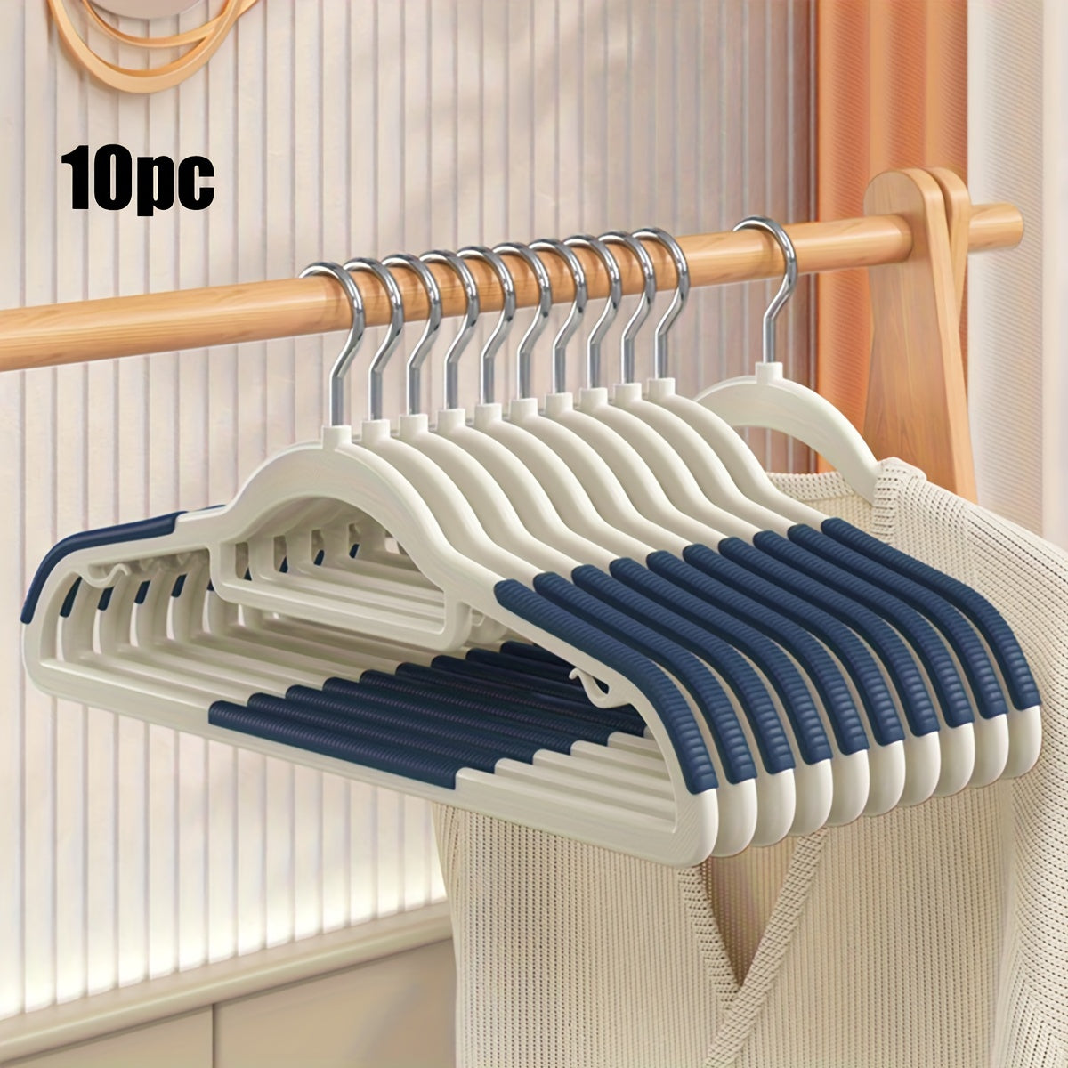 10 non-slip heavy duty clothes hangers for storage and organization in bedroom, bathroom, and home.