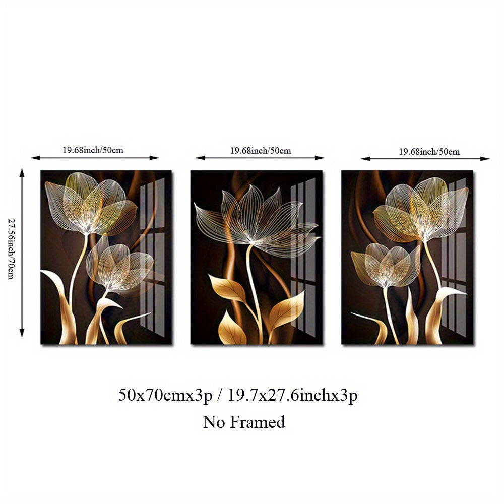 Modern abstract black brown and golden flower picture set, luxury wall art canvas painting for living room decor, frameless.