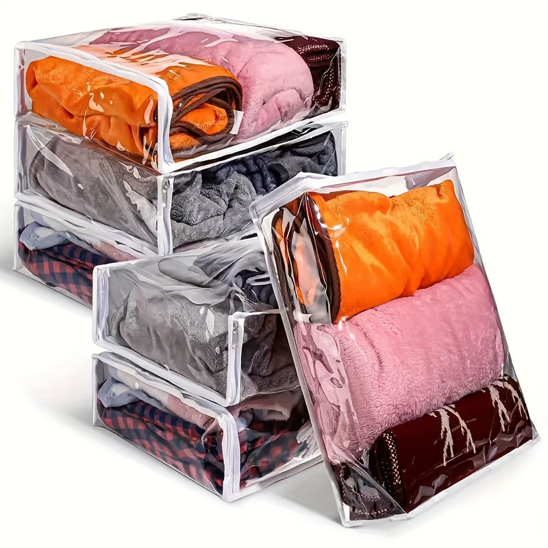 Transparent zippered storage bags with a 6-pack set. These foldable plastic bags are great for organizing sweaters, blankets, towels, and other household items. Perfect for storing beddings, pillows, quilts, and clothes.