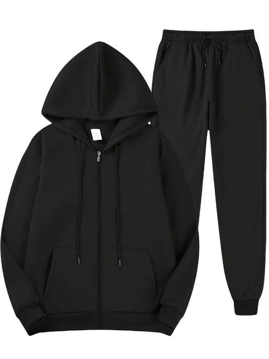 Men's casual fleece hoodie and sweatpants set made of 100% polyester. Includes a long sleeve zip-up hooded sweatshirt with kangaroo pocket, regular fit, knit fabric, solid color. Ideal for