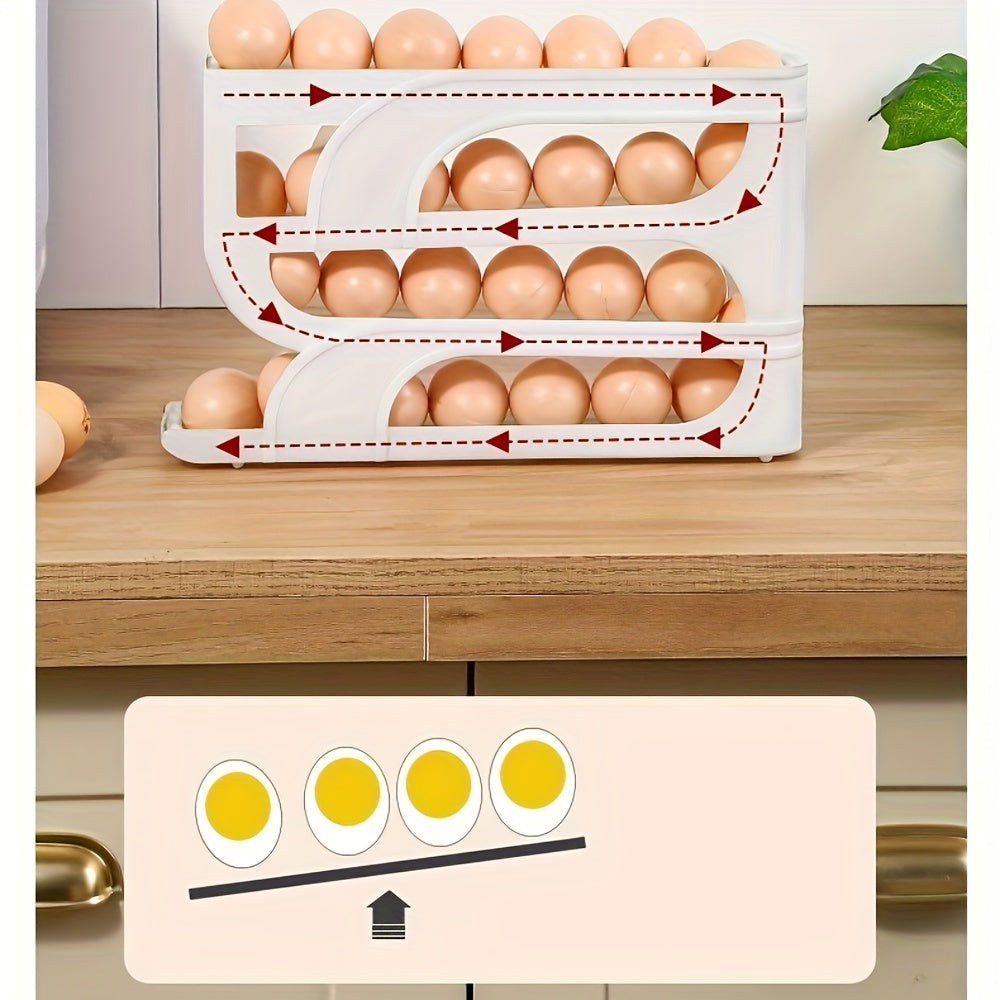 3/4-layer Refrigerator Egg Storage Rack with Sliding Roller Distributor - Keeps eggs fresh and safe with non-contact food safety material. Ideal for kitchen countertops.