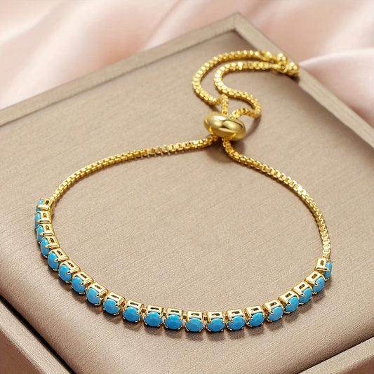 Stylish Turquoise Bracelet, Single Strand, 18K Gold Plated, Adjustable Drawstring Design, Minimalist Fashion Accessory for Women