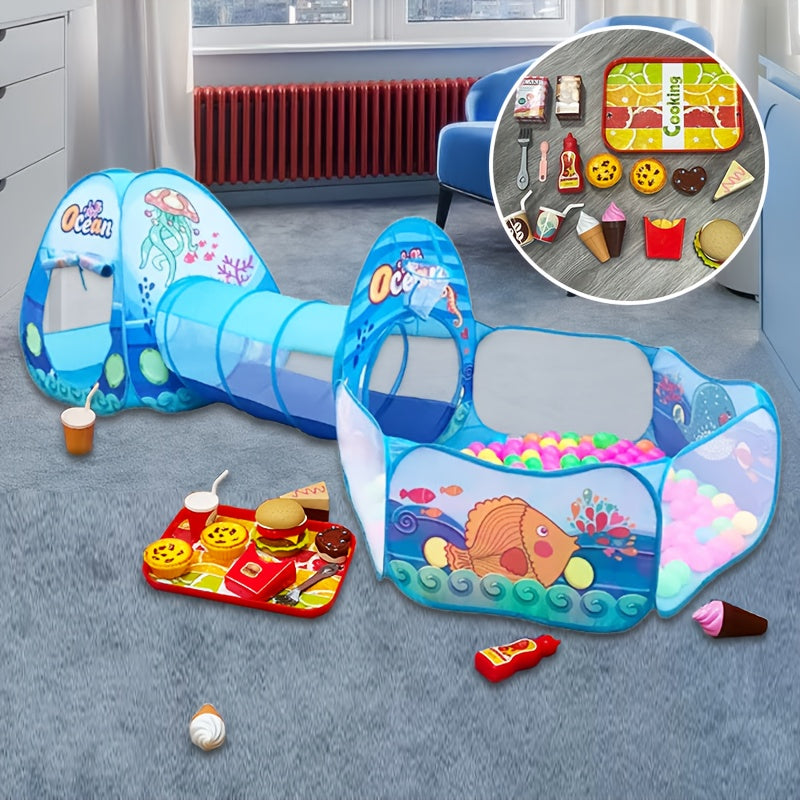 Children's 3-piece playset with ball pool, game tent, tunnel, and pop-up playhouse toys. Suitable for both boys and girls over 3 years old. Comes with a storage bag. Perfect birthday gift.