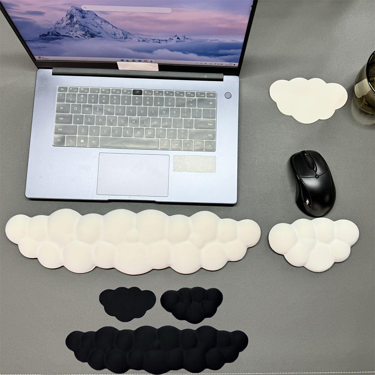 Ergonomic memory foam wrist rest pads for keyboard and mouse in a 3-pack set, suitable for gaming, office, and home use. Provides comfortable wrist support for typing and mouse use in black