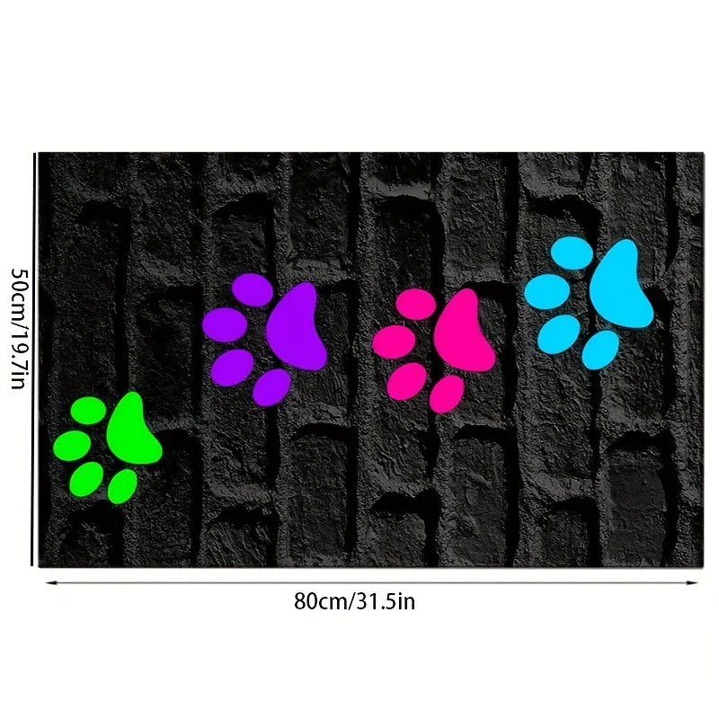 Cute paw print pet feeding mat for indoor/outdoor use, non-slip polyester material, versatile all-seasons accessory for pet food & water bowls.