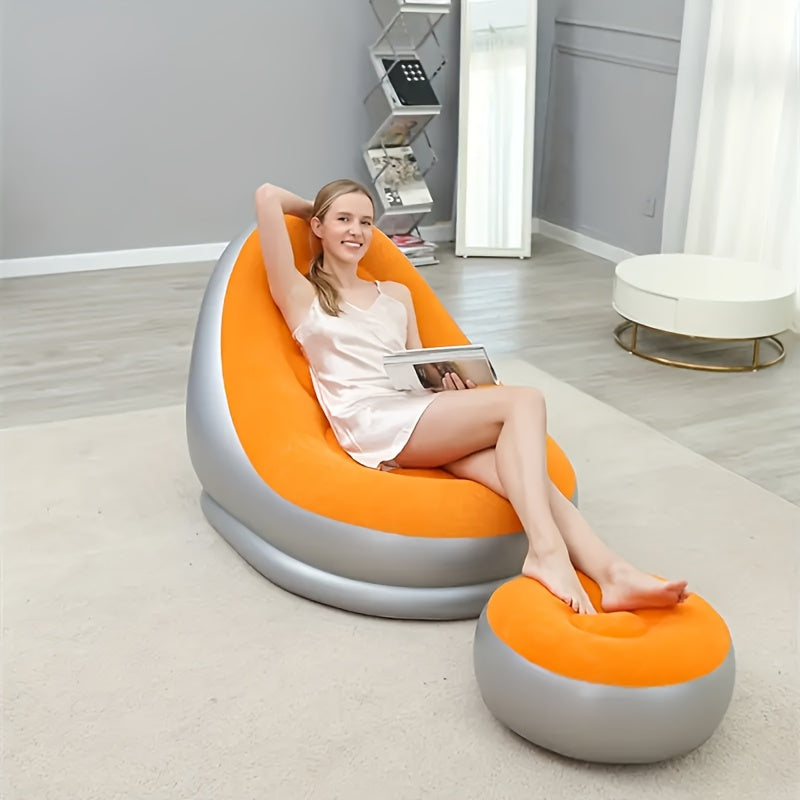 Inflate your relaxation with the 1pc Inflatable Lounge Chair with Footstool. This portable PVC Lazy Sofa Bed offers easy inflation and manual reclining for ultimate comfort. Perfect for indoor or outdoor use, this foldable chair comes with a detachable