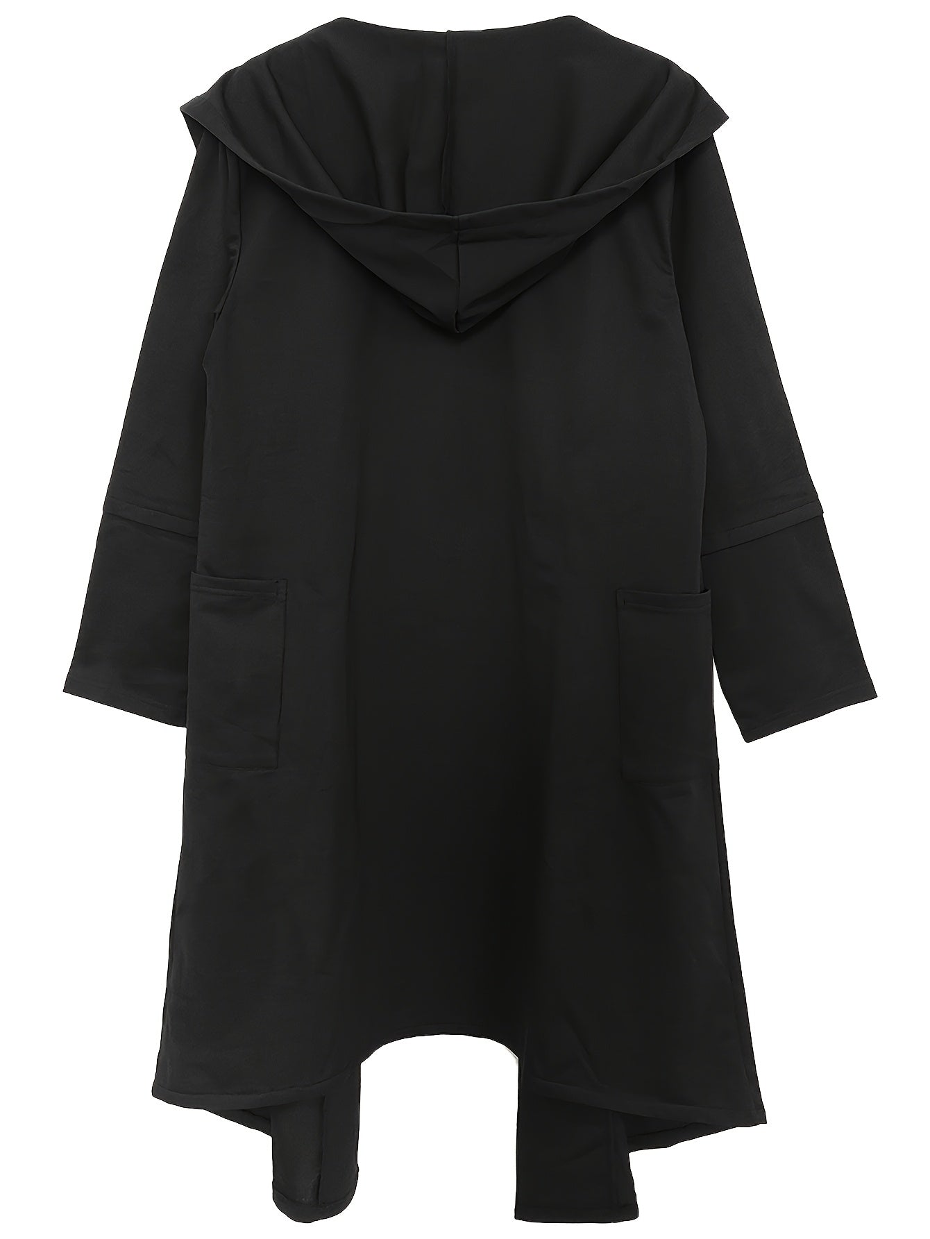 Men's black long shirt cape with hood and rope decoration, stylish streetwear with minimalist design, breathable and skin-friendly.