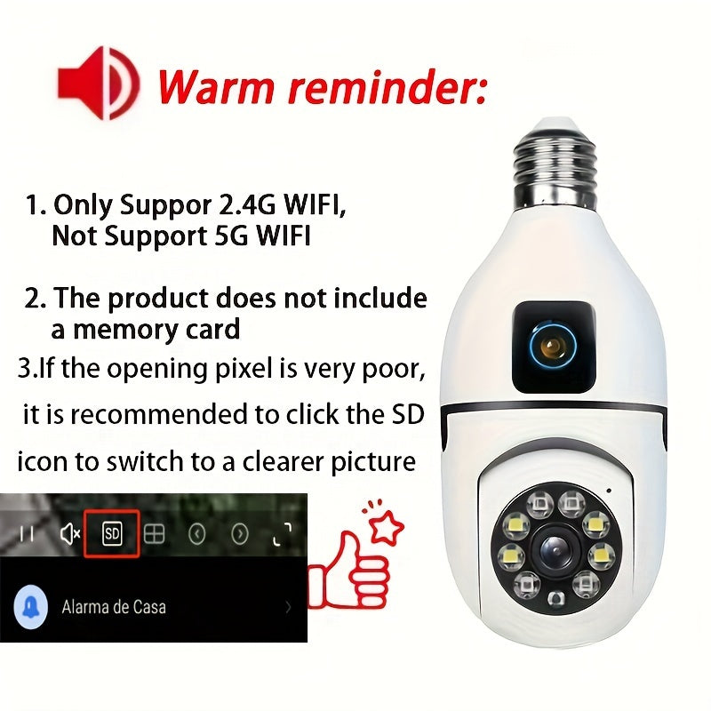 YIIYRY 1pc 360° Panoramic Light Bulb Security Camera with Dual Cameras, E27 WiFi for Home & Outdoor Surveillance. Smartphone Compatible with Smart Motion Detection, Two-Way Audio. No Battery Required, 1080p resolution perfect for Office/School/Shop use.