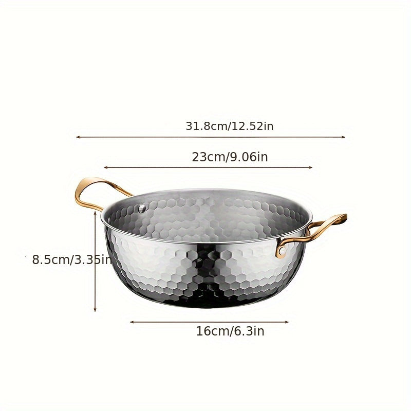 Korean-Style Stainless Steel Hammered Ramen Pot - Ideal for Noodles, Soup, and More - Suitable for Home Kitchens with Lid