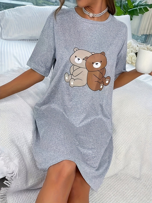 Women's bear print sleepwear dress with short sleeves and round neck tee design for a comfortable night.