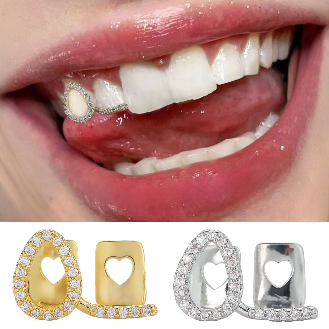 Set of 2 SKRRRRRAPPER 18K Gold Plated Tooth Grills with Synthetic Cubic Zirconia, Hip Hop Funky Rapper Jewelry, Glittery Style Grillz for Both Men and Women, Featuring December Birthstone, Perfect for Parties, Halloween, and All Year Round.