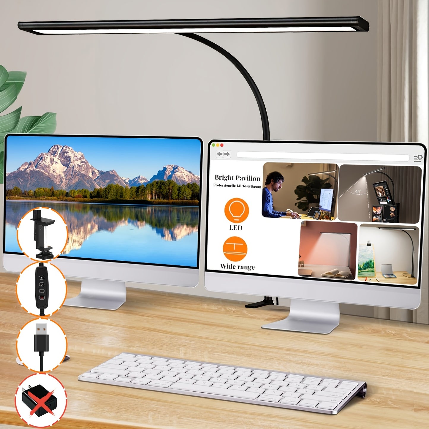 Black desk lamp with clamp for home office gaming table. Reading light with no glare. Dimmable light mode and adjustable brightness. Adjustable angle and USB charging (adapter not included).