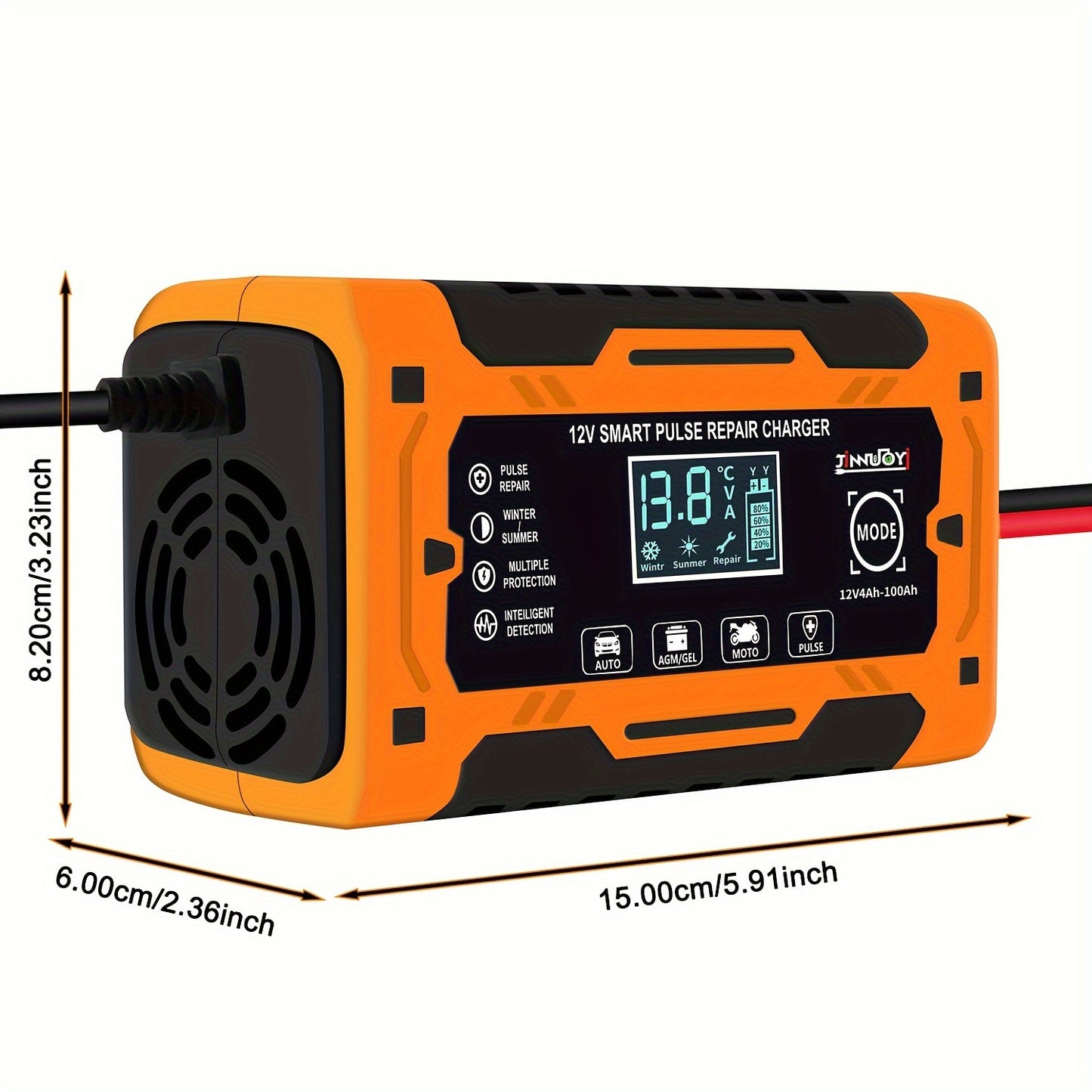 12V 6A automatic battery charger with repair function, LCD display, fast charging, suitable for electric devices and car batteries. EU plug included.