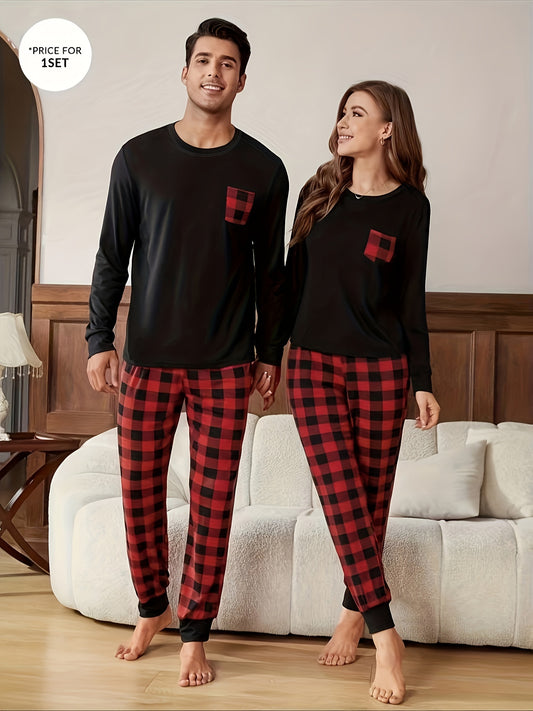 Men's Long Sleeve Plaid Pajama Set in Regular Fit made of Knitted Polyester Fabric with Round Neck, Stretchy, with Pockets for Autumn/Winter