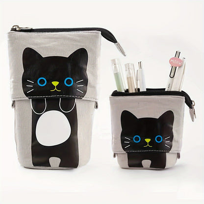 Canvas cat pencil case with zippered expandable design, 2-in-1 telescopic pouch for students.