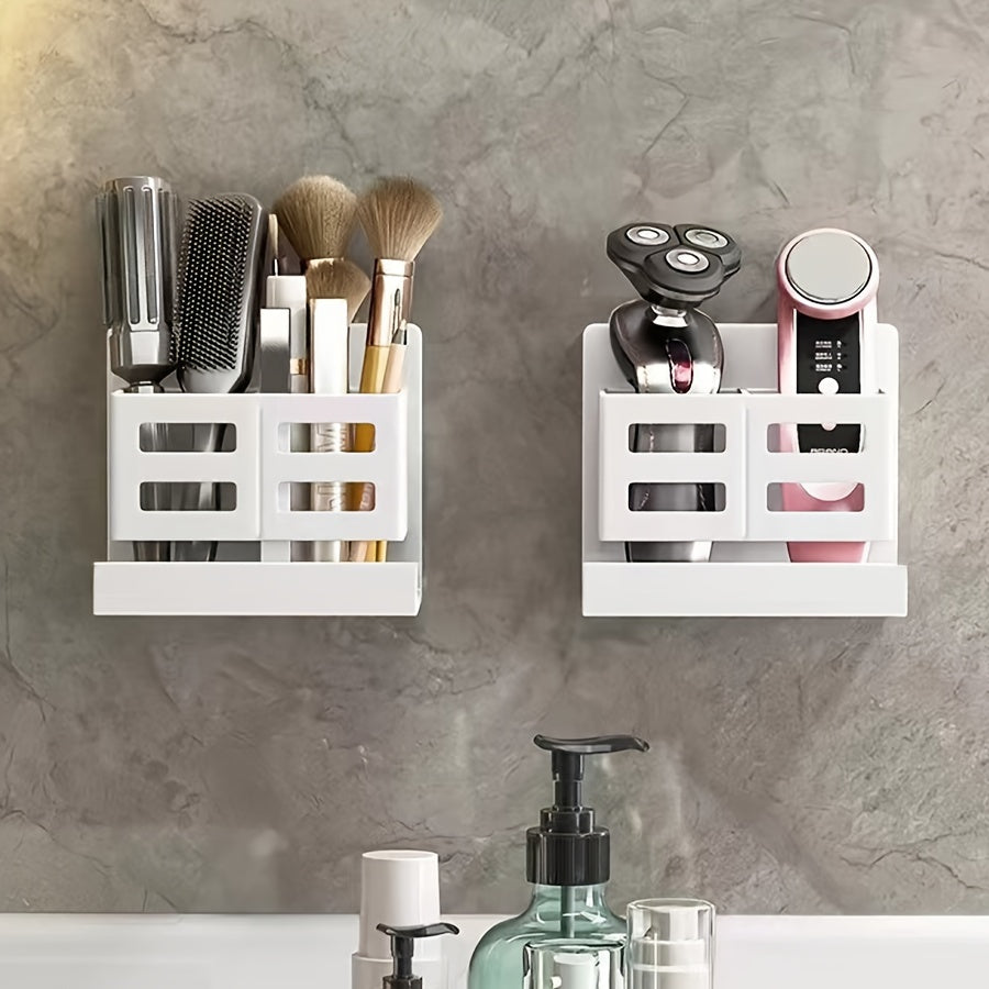 Wall-mounted storage rack with self-adhesive installation for organizing toothbrushes, toothpaste, and other accessories in kitchen, bathroom, living room, office, or shower.