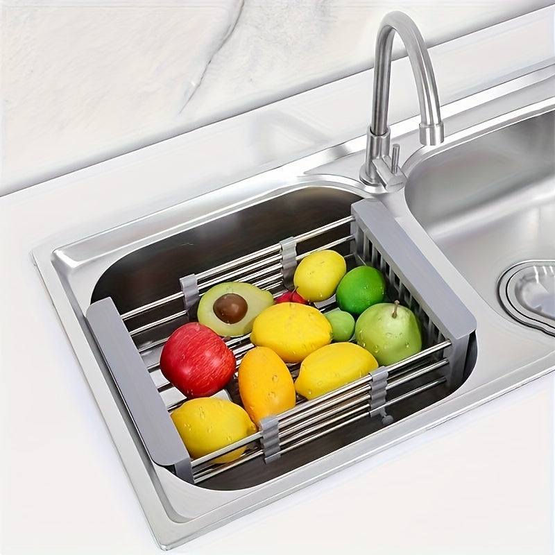 Adjustable Stainless Steel Kitchen Sink Rack with Retractable Dish Drainer, Safe for Food Use, Comes in Large and Small Sizes.