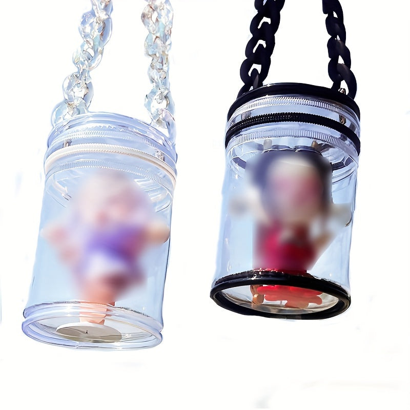 Transparent Walking Doll Display Storage Bag with Bubble Mart Mystery Box design, featuring a hanging decorative bag with a clasp closure.