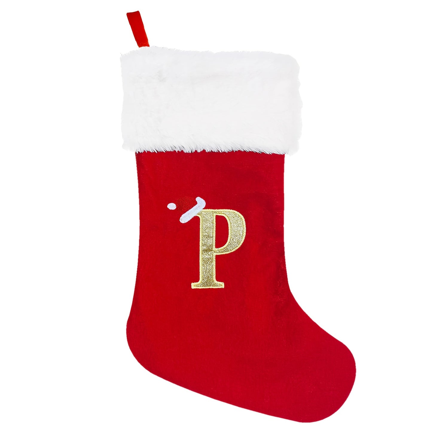 1 red velvet Christmas stocking with white plush cuffs, embroidered initial, 53.34 cm. Perfect for holiday parties and home decorations.