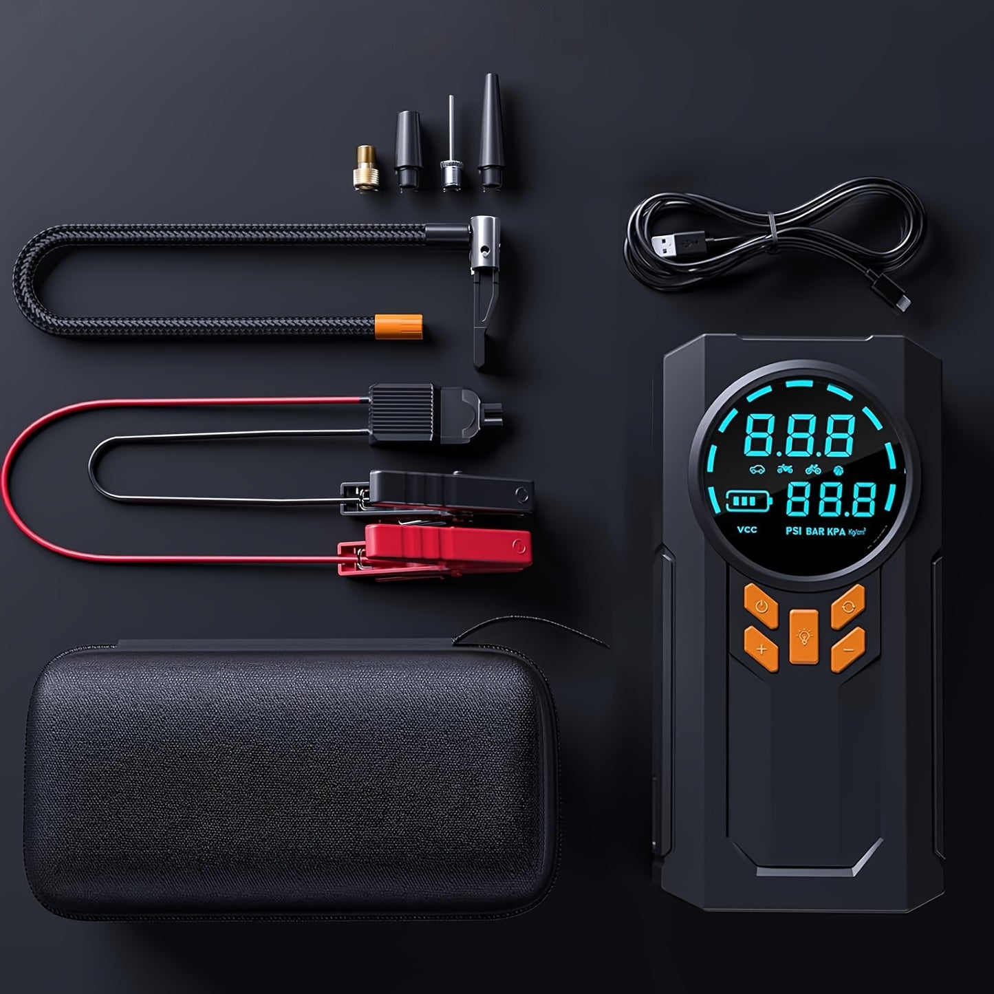 5-in-1 portable car starter includes air compressor, 150PSI tire inflator, USB rechargeable lithium battery (8000mAh), and peak power of 12V 1000A.