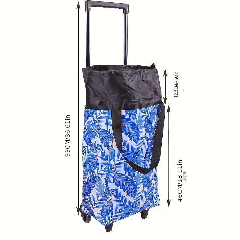 A durable metal frame trolley shopping cart with insulation layer, rolling plastic wheels, foldable and lightweight design for easy travel. Features drawstring closure, built-in pockets, and no electricity required.