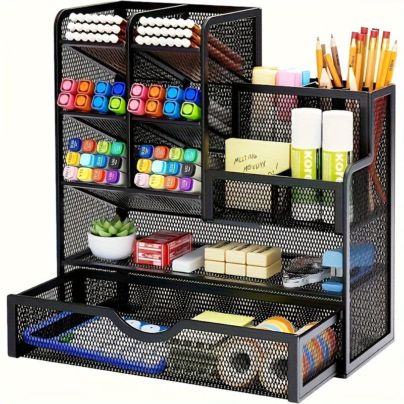 Iron Mesh Desk Organizer with Drawer - Multi-Functional Pencil Holder, Office Art Supplies Storage, Non-Slip Feet, Smooth Edges, Durable Metal Mesh.