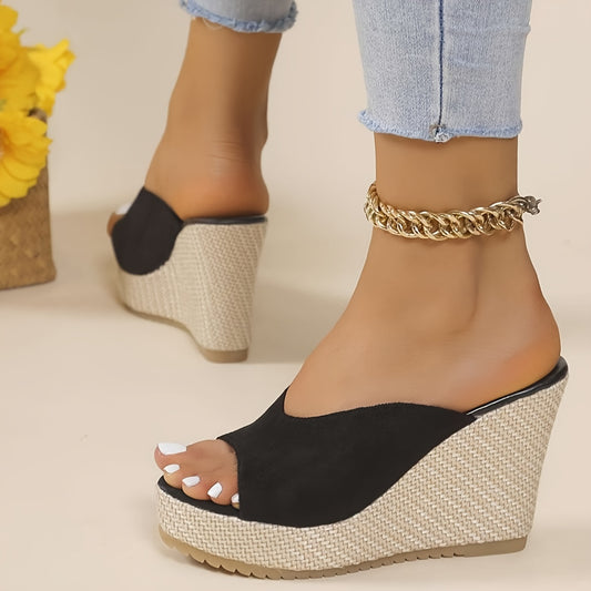 Black slip-on wedge sandals for women with an open toe, high heel, comfortable ankle strap, and woven design sole - perfect for casual summer wear.