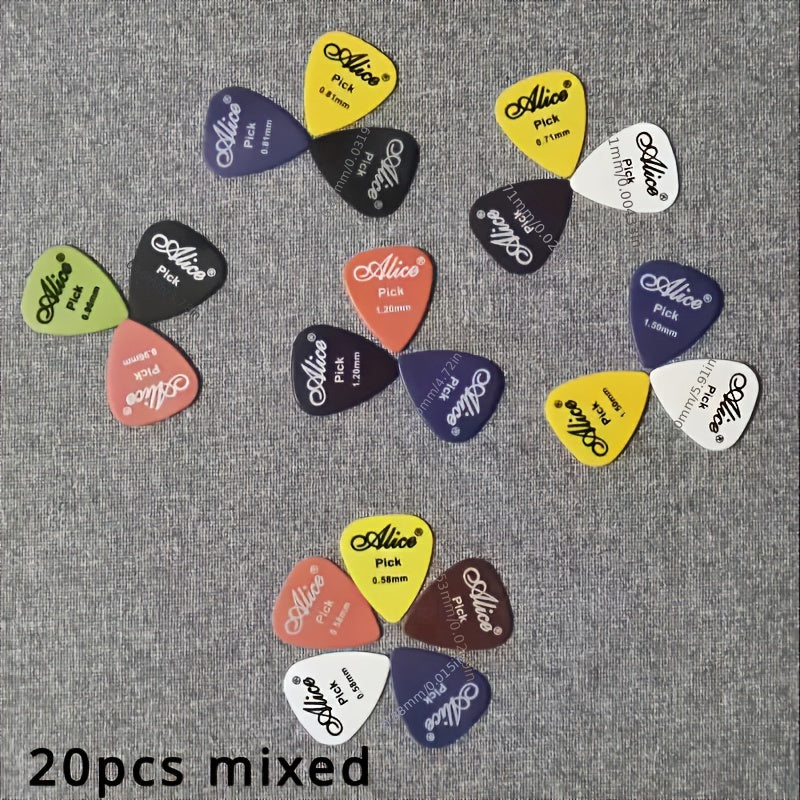 Alice Guitar Pick Set: 20pcs with various colors and thickness ranging from 0.58 to 1.5mm. Suitable for acoustic, electric, and bass guitars.