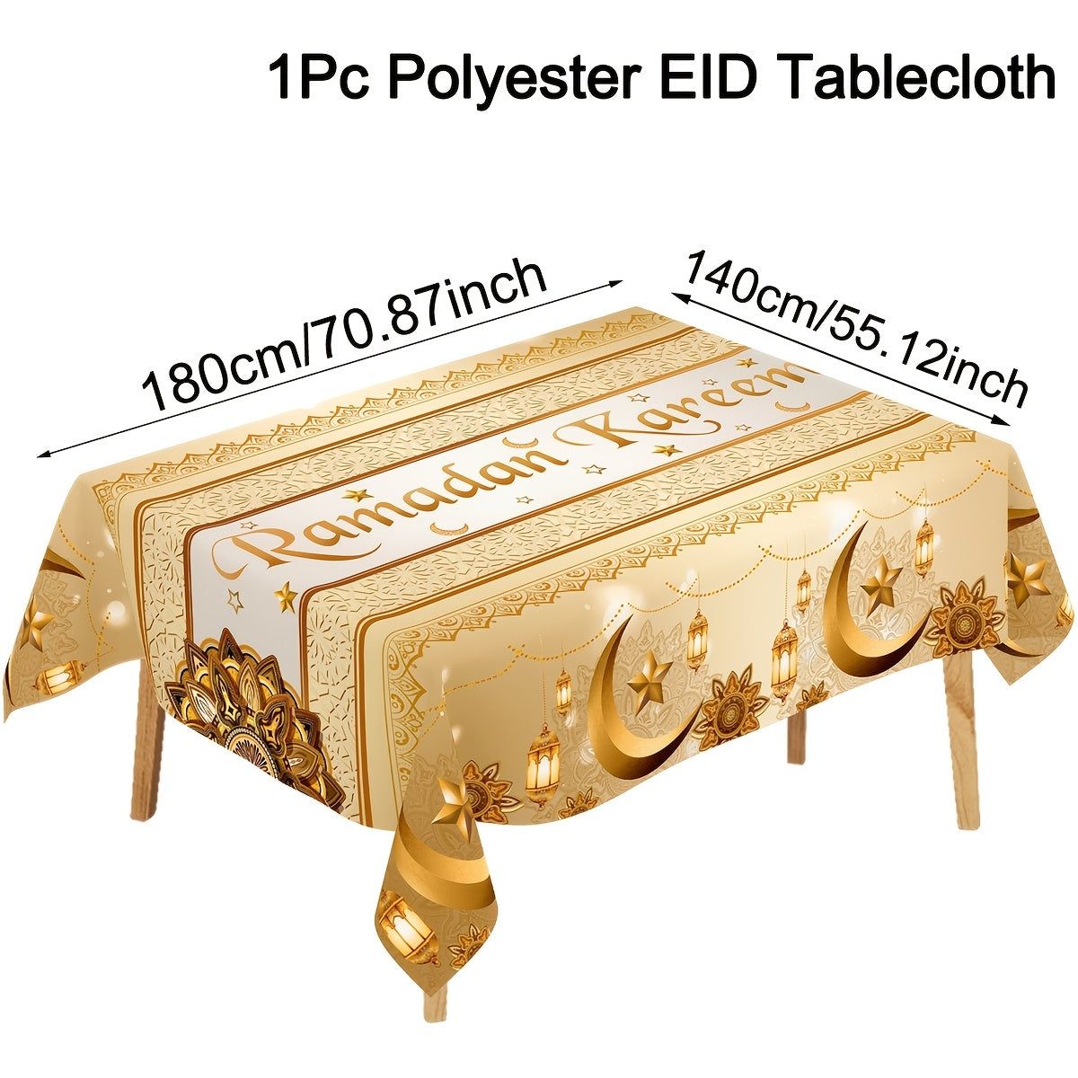 1pc Golden Polyester Ramadan Tablecloth featuring Moon Lantern & Floral Design, perfect for home kitchen dining decor during Eid celebrations.